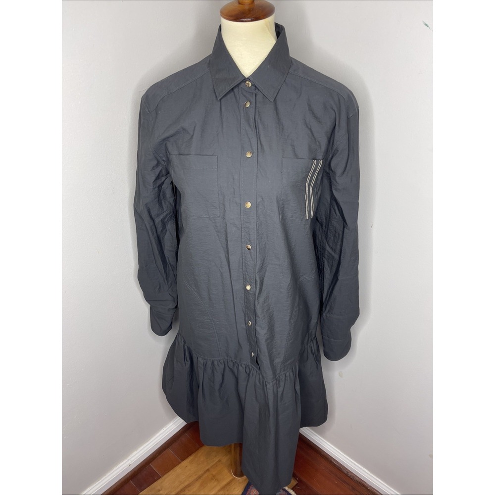 Womens Brunello Cucinelli Gray Cotton Western Style Shirt Dress Large L